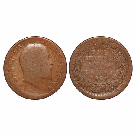 Edward VII, Copper, Quarter Anna, 1906, (6.05gm), Calcutta Mint, No mint mark, Error, 10% 