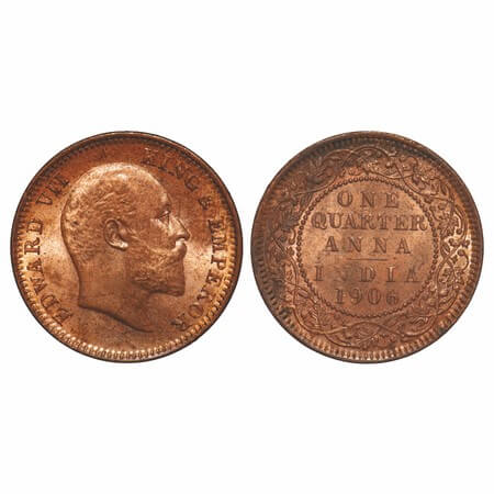 Edward VII, Copper, Quarter Anna, 1906, (7.21gm), Calcutta Mint, No mint mark, The normal 