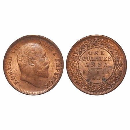 Edward VII, Copper, Quarter Anna, 1906, (6.47gm), Calcutta Mint, No mint mark. F. Prid 650