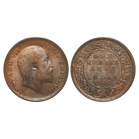Edward VII, Bronze, Quarter Anna, 1907, Calcutta Mint, No mint mark, Ghost on Rev, Multipl