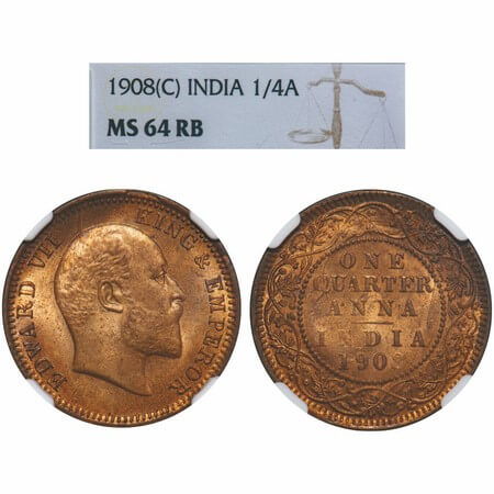 Edward VII, Bronze, Quarter Anna, 1908, Calcutta Mint, No mint mark. F. Prid 653. GK 1000.