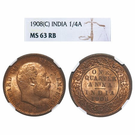 Edward VII, Bronze, Quarter Anna, 1908, Calcutta Mint, No mint mark. F. Prid 653. GK 1000.