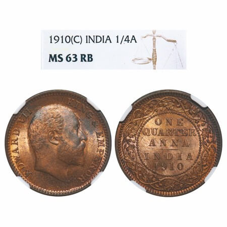 Edward VII, Bronze, Quarter Anna, 1910, Calcutta Mint, No mint mark. F. Prid 655. GK 1002.