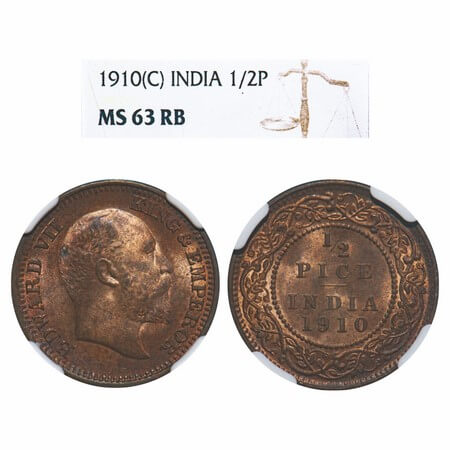 Edward VII, Bronze, 1/2 Pice, 1910, Calcutta Mint, No mint mark. F. Prid 744. GK 1011. NGC