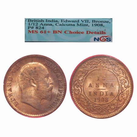 Edward VII, Bronze, 1/12 Anna, 1908, Calcutta Mint, No mint mark. F. Prid. 825. GK 1019. N