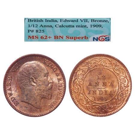 Edward VII, Bronze, 1/12 Anna, 1909, Calcutta Mint, No mint mark. F. Prid. 825. GK 1019. N