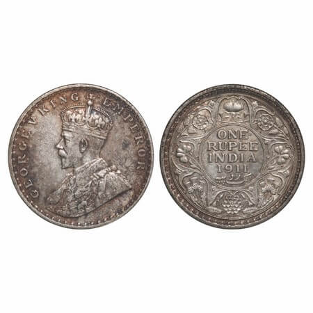 George V, Silver, Rupee, 1911, Calcutta Mint, No dot, Pig-Type. F. Prid 207. GK 1021. Extr