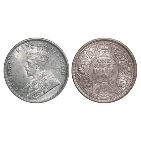George V, Silver, Rupee, 1914, Calcutta Mint, No dot, Elephant. F. Prid 210. GK 1029. Unci