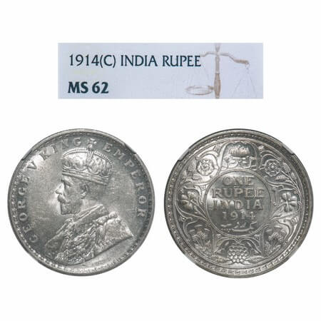 George V, Silver, Rupee, 1914, Calcutta Mint, No dot, Elephant. F. Prid 210. GK 1029. NGC 