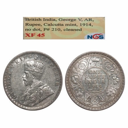 George V, Silver, Rupee, 1914, Calcutta Mint, No dot, Elephant. F. Prid. 210. GK 1029. NGS