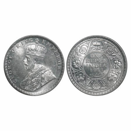 George V, Silver, Rupee, 1914, Calcutta Mint, No dot, Elephant. F. Prid 210. GK 1029. Bril