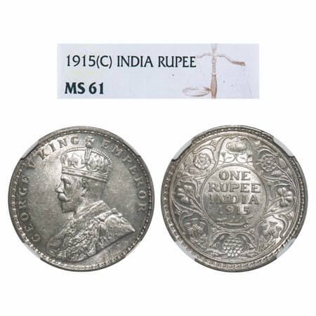 George V, Silver, Rupee, 1915, Calcutta Mint, No dot, Elephant. F. Prid 211. GK 1031. NGC 