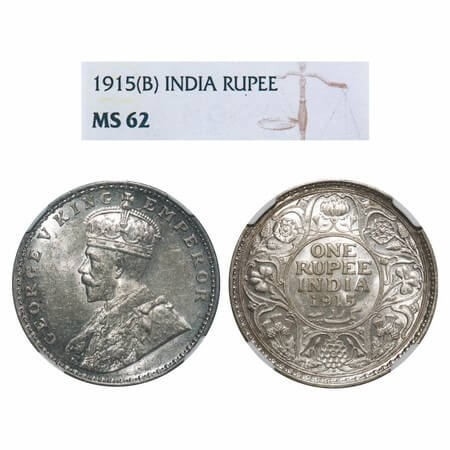 George V, Silver, Rupee, 1915, Bombay Mint, Dot, Elephant. F. Prid 221. GK 1032. NGC Slabb