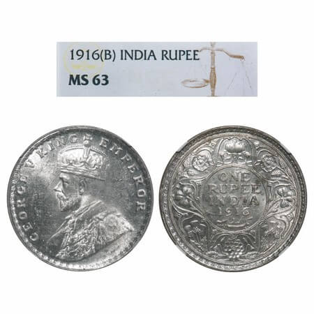 George V, Silver, Rupee, 1916, Bombay Mint, Dot, Elephant. F. Prid 222. GK 1034. NGC Slabb