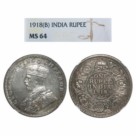 George V, Silver, Rupee, 1918, Bombay Mint, Dot, Elephant. F. Prid 224. GK 1038. NGC Slabb