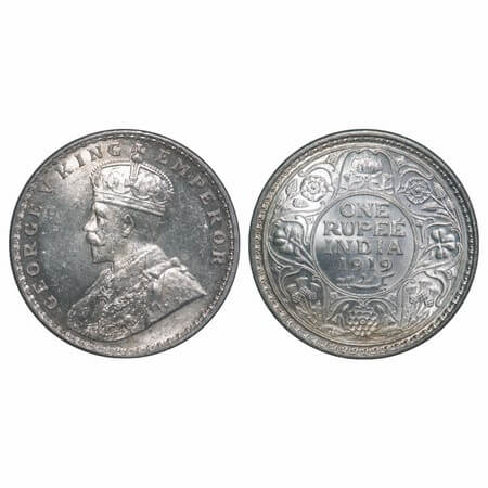 George V, Silver, Rupee, 1919, Calcutta Mint, No dot, Elephant. F. Prid 215. GK 1039. Bril