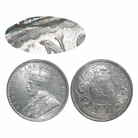 George V, Silver, Rupee, 1919, Bombay Mint, Dot, Elephant, Ghost on Rev, Misaligned die, A