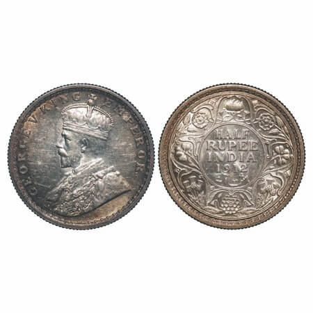 George V, Silver, Half Rupee, 1912, Calcutta Mint, No dot, Re drawn Elephant. F. Prid 319.