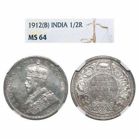 George V, Silver, Half Rupee, 1912, Bombay Mint, Dot, Re-drawn Elephant. F. Prid 336. GK 1
