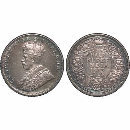 George V, Silver, Half Rupee, 1913, Calcutta Mint, No dot, Elephant. F. Prid 320. GK 1048.