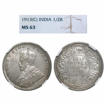 George V, Silver, Half Rupee, 1913, Calcutta Mint, No dot, Elephant. F. Prid 320. GK 1048.