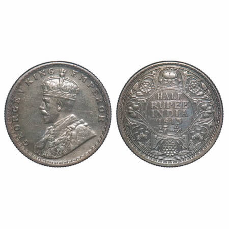 George V, Silver, Half Rupee, 1913, Bombay Mint, Dot, Elephant. F. Prid337. GK 1049. About
