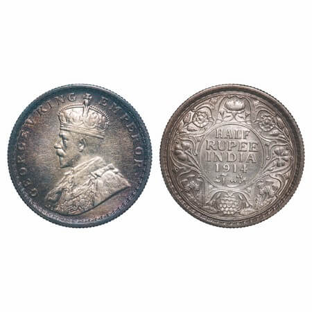 George V, Silver, Half Rupee, 1914, Calcutta Mint, No dot, Elephant. F. Prid 321. GK 1050.