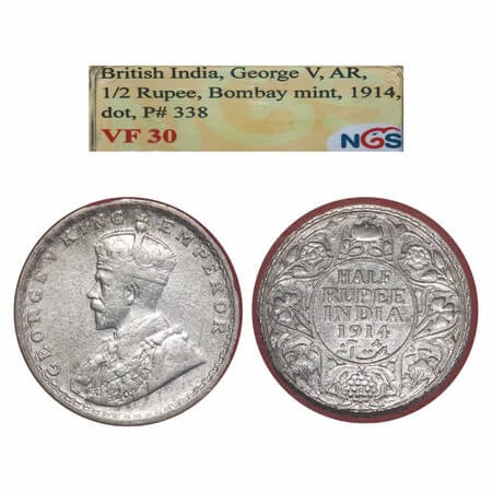 George V, Silver, Half Rupee, 1914, Bombay Mint, Dot, Elephant. F. Prid 338. GK 1051. NGS 