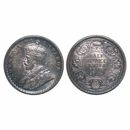 George V, Silver, Half Rupee, 1915, Calcutta Mint, No dot, Elephant. F. Prid 322. GK 1052.