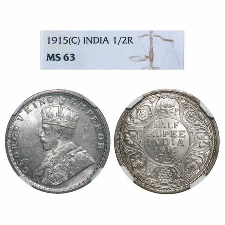 George V, Silver, Half Rupee, 1915, Calcutta Mint, No dot, Elephant. F. Prid 322. GK 1052.
