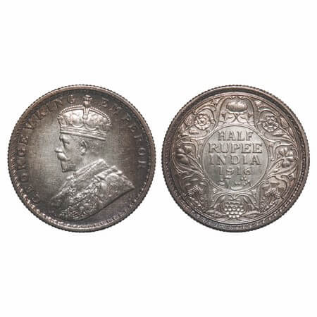 George V, Silver, Half Rupee, 1916, Calcutta Mint, No dot, Elephant. F. Prid 323. GK 1053.