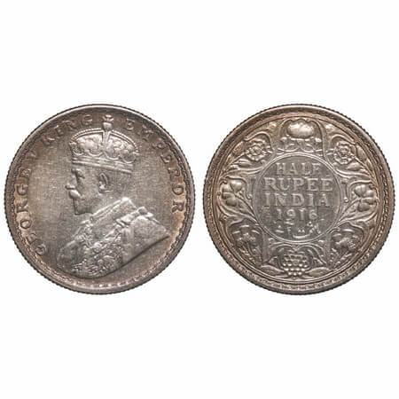 George V, Silver, Half Rupee, 1916, Calcutta Mint, No dot, Elephant. F. Prid 323. GK 1053.