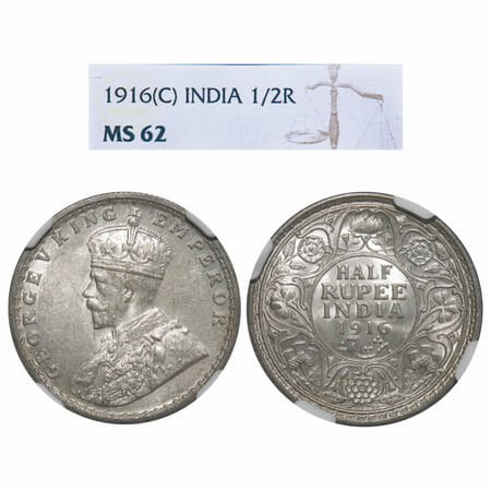 George V, Silver, Half Rupee, 1916, Calcutta Mint, No dot, Elephant. F. Prid 323. GK 1053.