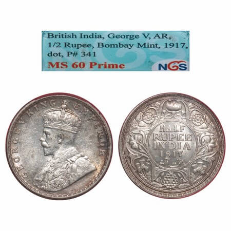 George V, Silver, Half Rupee, 1917, Bombay Mint, Dot, Elephant. F. Prid 341. 341. GK 1055.