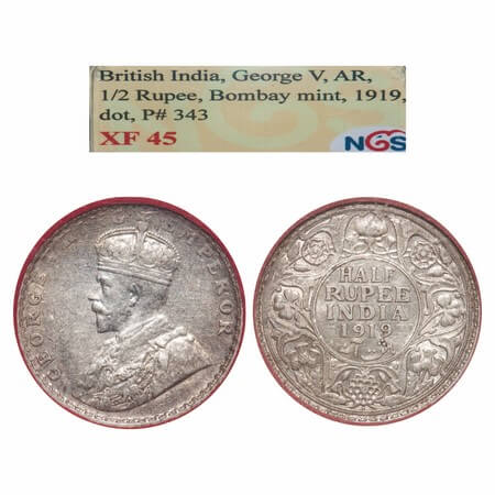 George V, Silver, Half Rupee, 1919, Bombay Mint, Dot, Elephant. F. Prid 343. GK 1057. NGS 