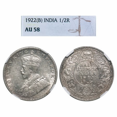 George V, Silver, Half Rupee, 1922, Bombay Mint, Dot, Elephant. F. Prid 344. GK 1060. NGC 