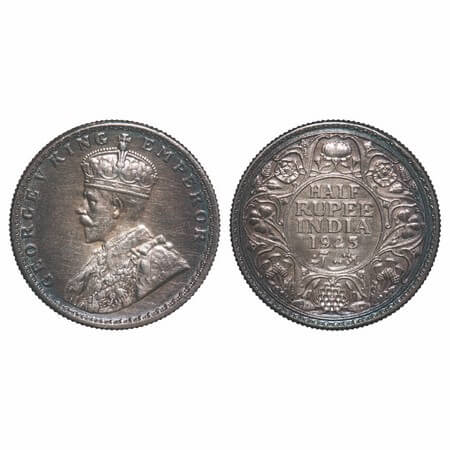 George V, Silver, Half Rupee, 1923, Bombay Mint, Dot, Elephant. F. Prid 345. GK 1062. Unci
