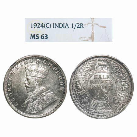 George V, Silver, Half Rupee, 1924, Calcutta Mint, No dot, Elephant. F. Prid 327. GK 1063.