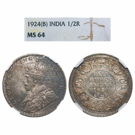 George V, Silver, Half Rupee, 1924, Bombay Mint, Dot, Elephant. F. Prid 346. GK 1064. NGC