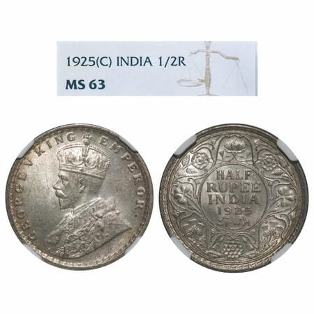 George V, Silver, Half Rupee, 1925, Calcutta Mint, No dot, Elephant. F. Prid 308. GK 1065.
