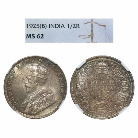 George V, Silver, Half Rupee, 1925, Bombay Mint, Dot, Elephant. F. Prid 347. GK 1066. NGC