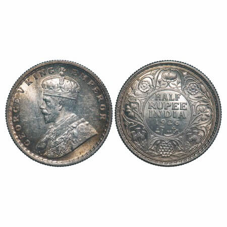 George V, Silver, Half Rupee, 1926, Calcutta Mint, No dot, Elephant. F. Prid 329. GK 1067.