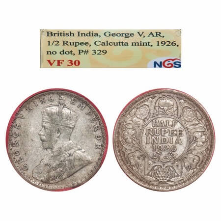 George V, Silver, Half Rupee, 1926, Calcutta Mint, No dot, Elephant. F. Prid 329. GK 1067.
