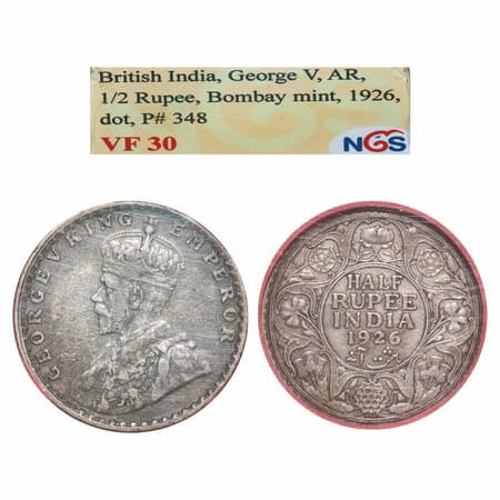 George V, Silver, Half Rupee, 1926, Bombay Mint, Dot, Elephant. F. Prid 348. GK 1068. NGS 