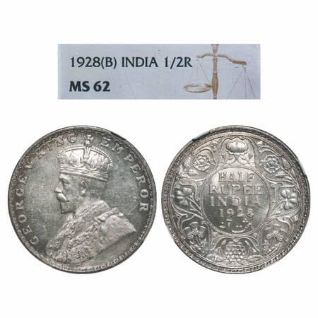 George V, Silver, Half Rupee, 1928, Bombay Mint, Dot. F. Prid 349. GK 1070. NGC Slabbed MS