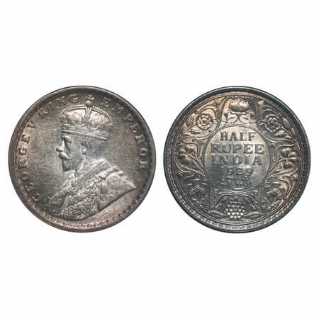 George V, Silver, Half Rupee, 1929, Calcutta Mint, No dot, Elephant. F. Prid 331. GK 1071.