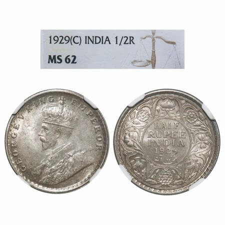 George V, Silver, Half Rupee, 1929, Calcutta Mint, No dot, Elephant. F. Prid 331. GK 1071.