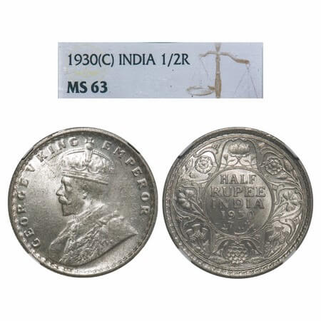 George V, Silver, Half Rupee, 1930, Calcutta Mint, No dot, Elephant. F. Prid 332. GK 1072.