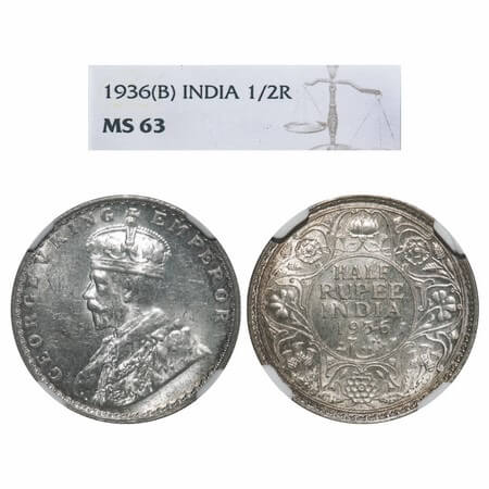 George V, Silver, Half Rupee, 1936, Bombay Mint, Dot, Elephant. F. Prid 350. GK 1076. NGC