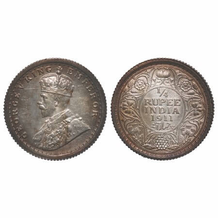 George V, Silver, 1/4 Rupee, 1911, Calcutta Mint, No dot, Pig-Type. F. Prid 440. GK 1080. 